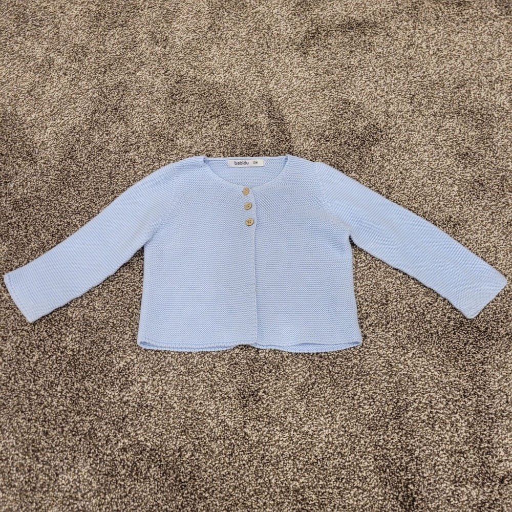Babidu 12M Light Blue Knit Cardigan Sweater Spanish Cotton Wooden Buttons